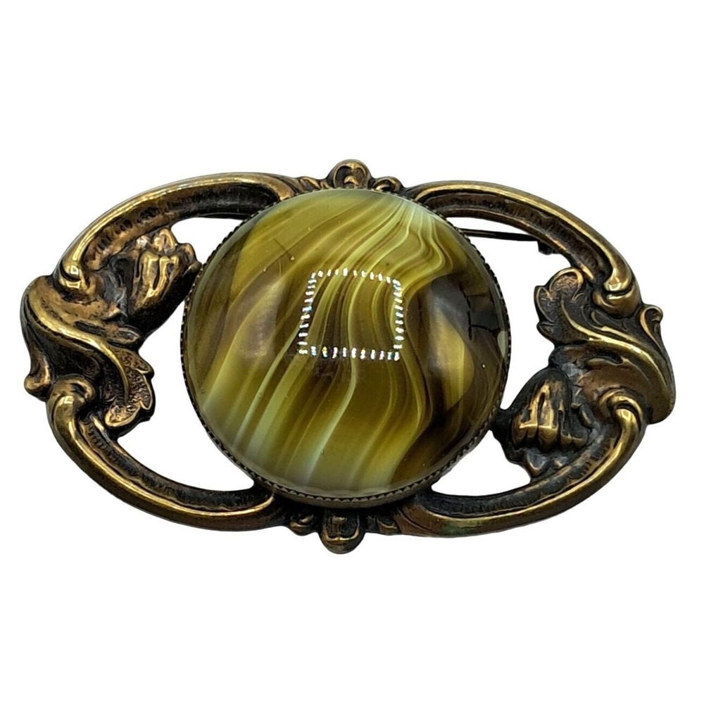 Vintage Porphyry Glass Brooch Sash Pin by Bomae Victorian Revival Signed Jewelry